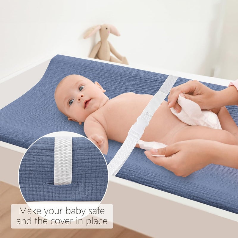 Bearmoss Changing Pad Cover, 2 Pack Muslin [100% Cotton] Diaper Changing Table Covers, 32'' x 16'' Soft Breathable Changing Pad Sheets for Unisex Baby Girls and Boys with Strap Holes (Bluemoon) - Image 3